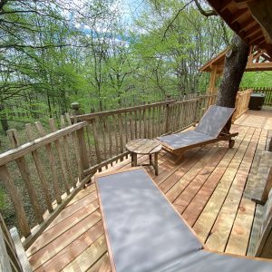Cabane perchée en Aquitaine avec terrasse en bois et vue sur la forêt verdoyante.