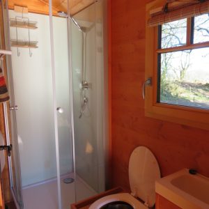 Cabane en bois en Bretagne avec douche moderne et vue sur la nature.