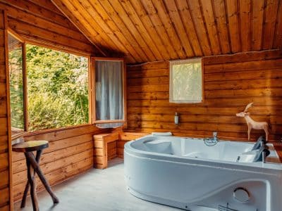 Cabane en bois avec baignoire, grandes fenêtres offrant une vue sur la nature.