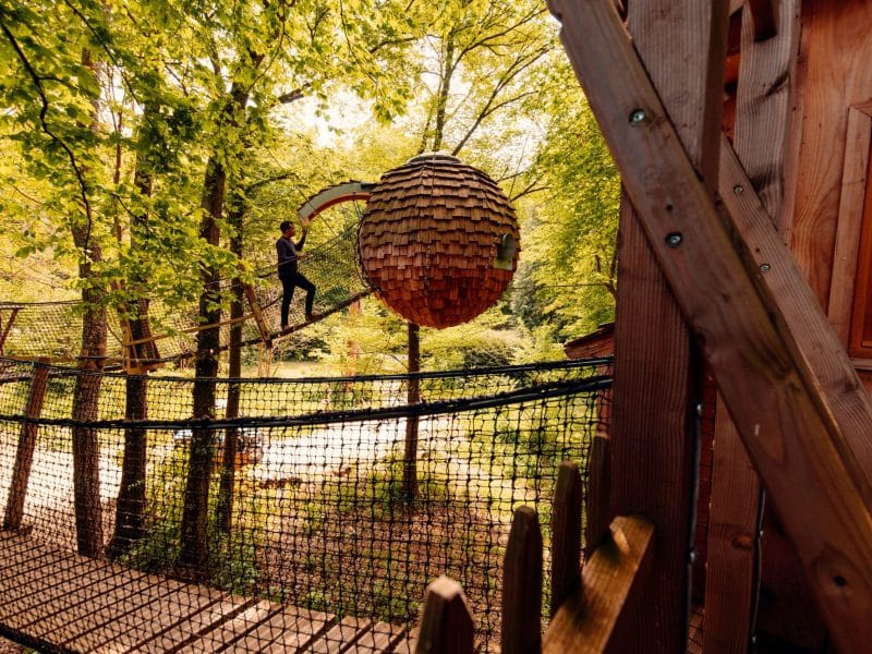 Cabane dans les arbres à Hauts-de-France, enfant sur un pont suspendu entre les arbres.