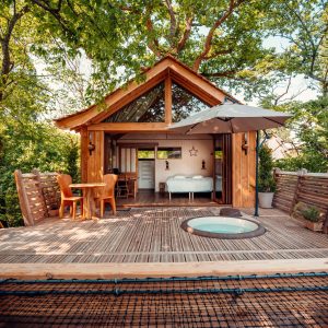 Cabane perchée en bois avec terrasse, vue sur la nature et jacuzzi extérieur.