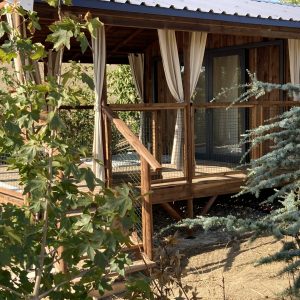 Cabane en bois avec terrasse, entourée de verdure, dans le Languedoc-Roussillon.