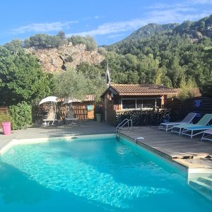 Hébergement insolite en Corse avec piscine et vue sur les montagnes verdoyantes.