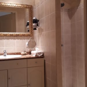 Salle de bain élégante dun hébergement insolite en Grand-Est, avec miroir doré.