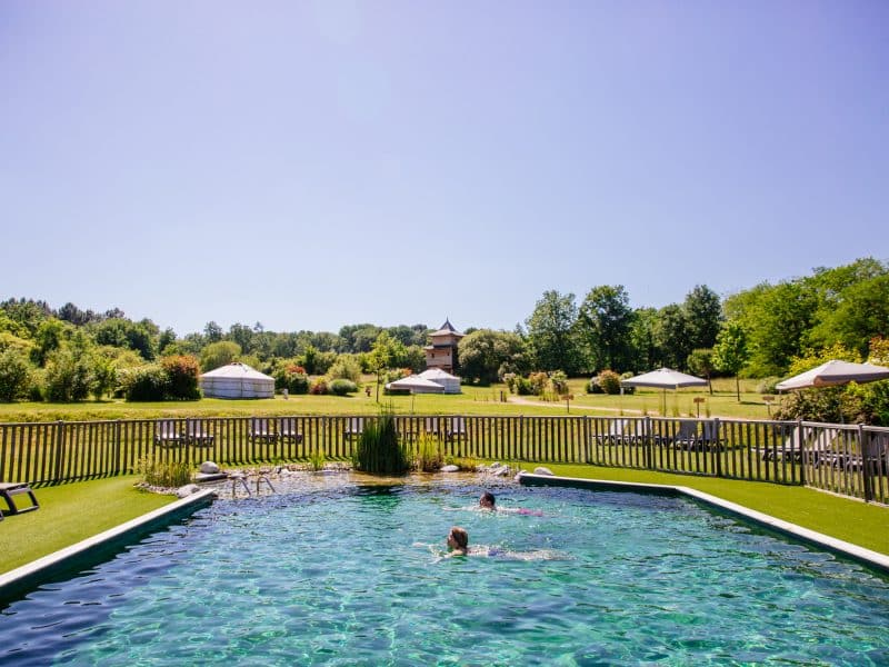 Gîte avec piscine naturelle, entouré dun vaste jardin verdoyant et de parasols.