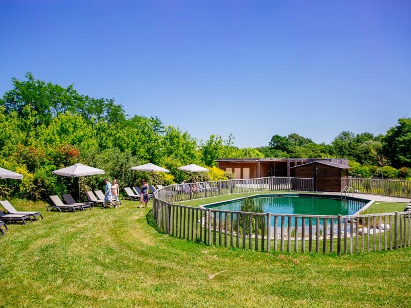 Hébergement de vacances avec piscine entourée de chaises longues et verdure luxuriante.