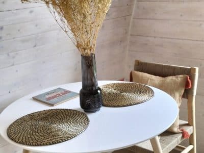 Hébergement insolite en Nouvelle-Aquitaine : intérieur cosy avec vase de fleurs séchées.