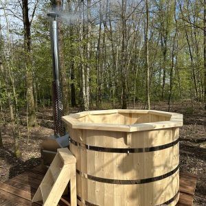 Bain nordique en bois, entouré de verdure, idéal pour un séjour relaxant en Île-de-France.