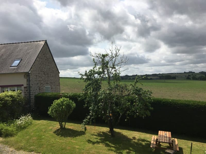 Gîte rural avec vue sur un champ verdoyant et un arbre au jardin.