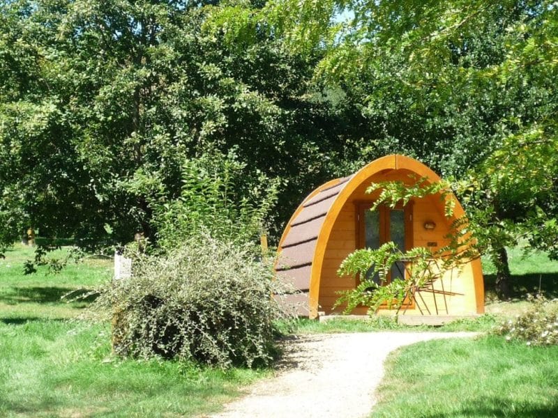 Cabane en bois en forme de dôme, entourée de verdure luxuriante à Limousin.
