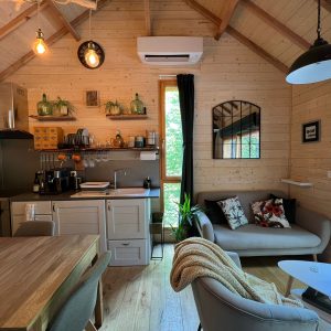Chalet moderne en bois avec cuisine équipée et décoration chaleureuse.