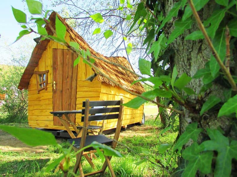 Cabane en bois avec toit de chaume, entourée de verdure et dune chaise en bois.