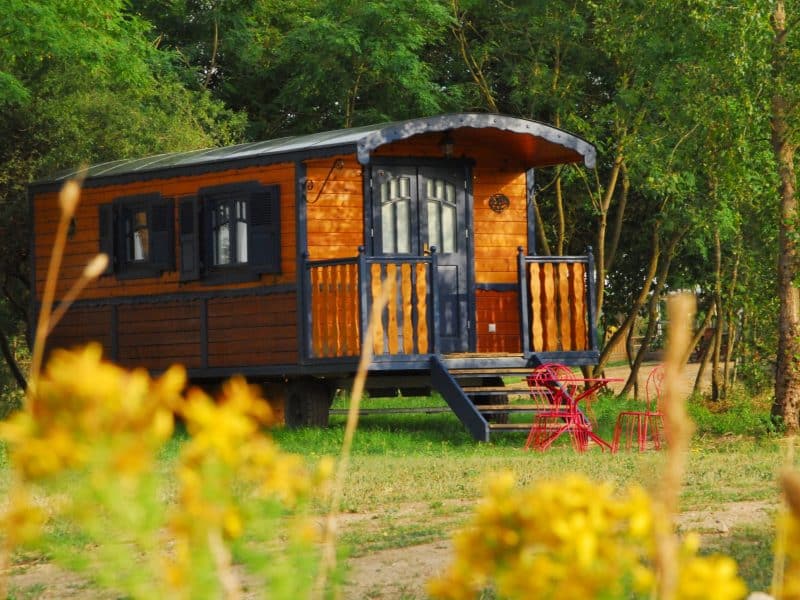 Charmante roulotte en bois avec terrasse, entourée de verdure et de fleurs jaunes.