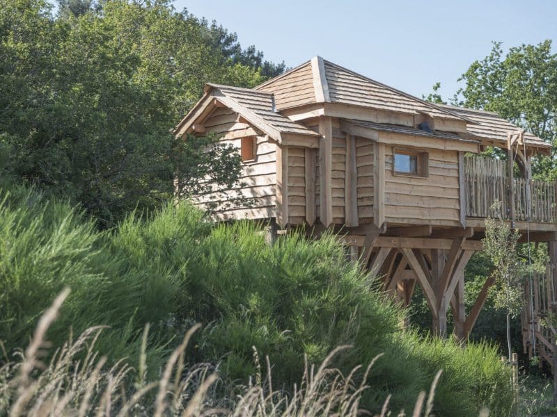 Cabane perchée en bois, entourée de verdure, offrant une vue imprenable sur la nature.