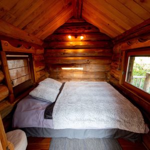 Cabane en bois cosy avec lit douillet et lumière chaleureuse à Midi-Pyrénées.