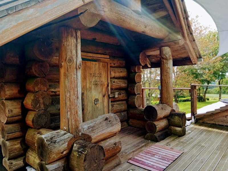 Cabane en bois avec une porte gravée, entourée dune nature verdoyante.