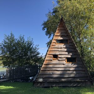 Cabane en bois en forme de pyramide, entourée darbres verdoyants à Auvergne-Rhône-Alpes.