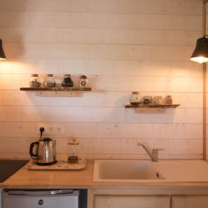 Hébergement insolite en Bretagne : kitchenette en bois avec étagères décoratives.