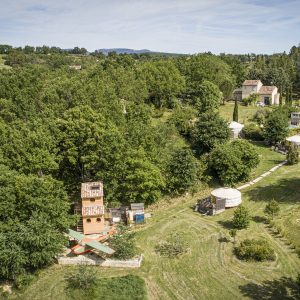 Hébergement insolite en Languedoc-Roussillon : cabane perchée entourée de verdure.