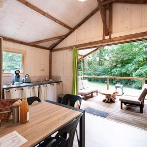 Cabane en bois à Champagne-Ardennes avec terrasse et vue sur la forêt verdoyante.