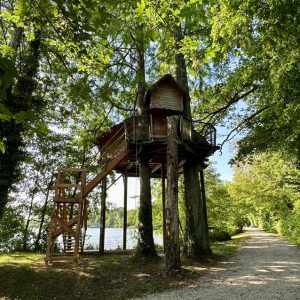 Cabane perchée au bord dun lac, entourée darbres verdoyants en Auvergne-Rhône-Alpes.