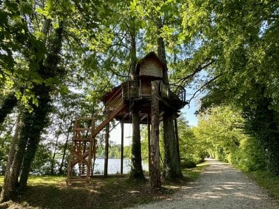 Cabane perchée au bord dun lac, entourée darbres verdoyants en Auvergne-Rhône-Alpes.