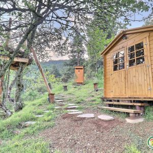 Cabane en bois perchée, entourée darbres verdoyants et dun chemin en pierres.