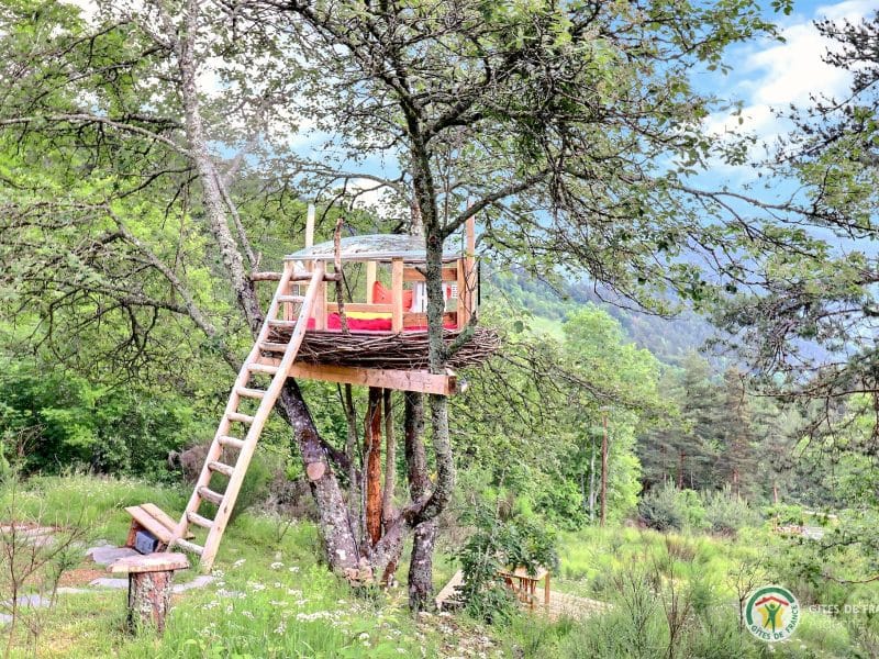 Cabane dans les arbres en Auvergne-Rhône-Alpes, perchée et entourée de verdure.