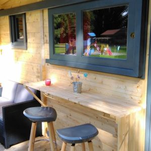 Cabane en bois à Champagne-Ardennes avec bar et vue sur un espace vert.