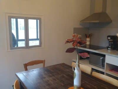 Hébergement insolite en Champagne-Ardenne, cuisine moderne avec table en bois et décor chaleureux.