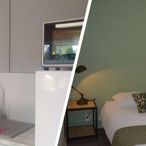 Hébergement insolite à Champagne-Ardennes : cuisine moderne et chambre lumineuse.