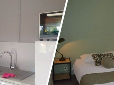 Hébergement insolite à Champagne-Ardennes : cuisine moderne et chambre lumineuse.