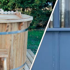 Hébergement insolite en Champagne-Ardenne avec un jacuzzi en bois sur une terrasse.