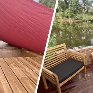 Hébergement insolite en Auvergne : maison flottante avec jacuzzi et vue sur leau.