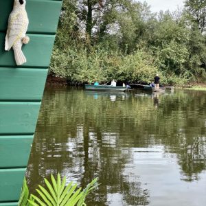 Cabane flottante en Auvergne, vue sur un homme en barque sur un lac paisible.