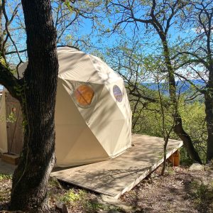 Dôme géodésique en pleine nature, entouré darbres verdoyants à Languedoc-Roussillon.