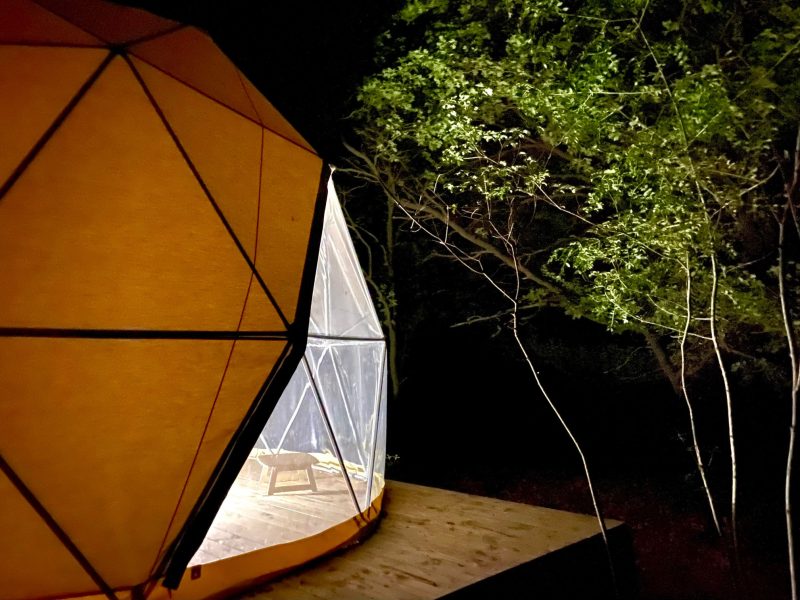 Dôme géodésique lumineux dans la forêt, offrant une expérience unique en Languedoc-Roussillon.