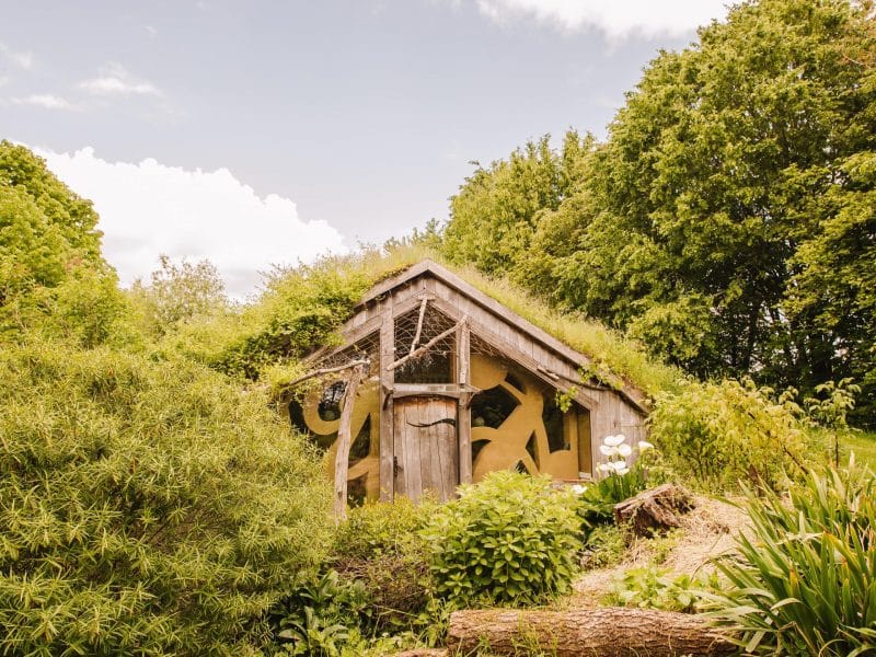 Cabane en bois avec toit végétal, nichée dans la verdure de la Bretagne.