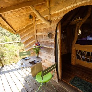 Cabane perchée en Bretagne avec terrasse en bois et vue sur la nature environnante.