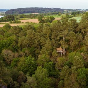 Cabane perchée en Bretagne, entourée de verdure et surplombant la campagne.