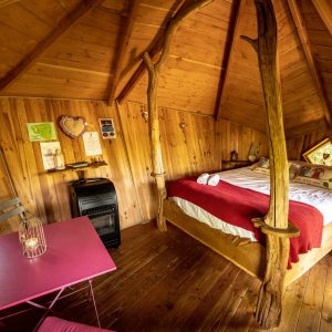 Cabane en bois en Bretagne, intérieur chaleureux avec lit douillet et table rose.