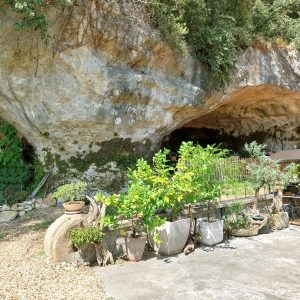 Hébergement insolite en grotte en Aquitaine, avec verdure luxuriante et décor floral.