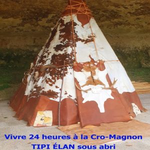Tipi Élan sous abri, décoré de peaux, pour un séjour insolite en Aquitaine.