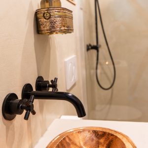 Hébergement insolite en Auvergne-Rhône-Alpes avec lavabo en cuivre et douche moderne.