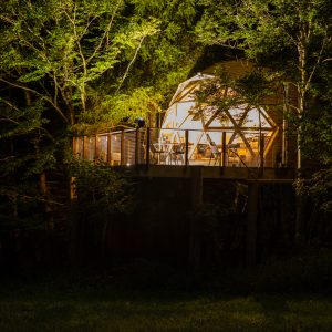 Cabane perchée en bois, éclairée la nuit, entourée darbres verdoyants en Auvergne.