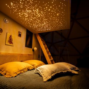 Dôme géodésique en Auvergne-Rhône-Alpes avec un plafond étoilé et lit douillet.
