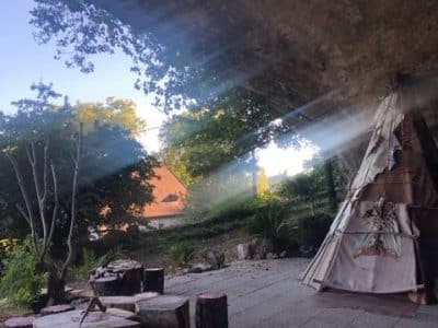 Tente tipi sous une roche, entourée de nature verdoyante et de troncs en bois.