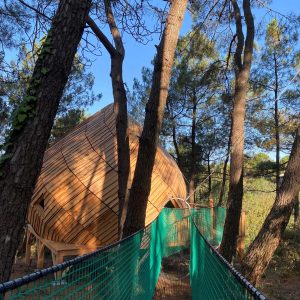 Cabane perchée en Bretagne, accessible par un pont suspendu entre les arbres.