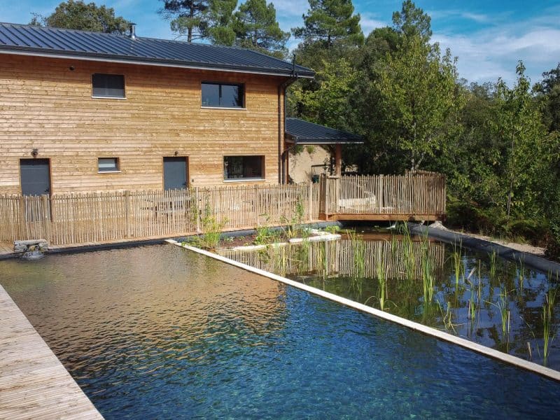 Chalet en bois avec piscine naturelle entourée de verdure et terrasse en bois.