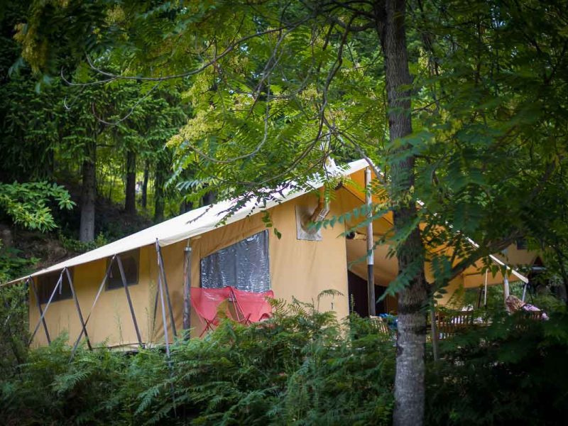 Tente safari spacieuse entourée de verdure, avec chaises confortables à lextérieur.